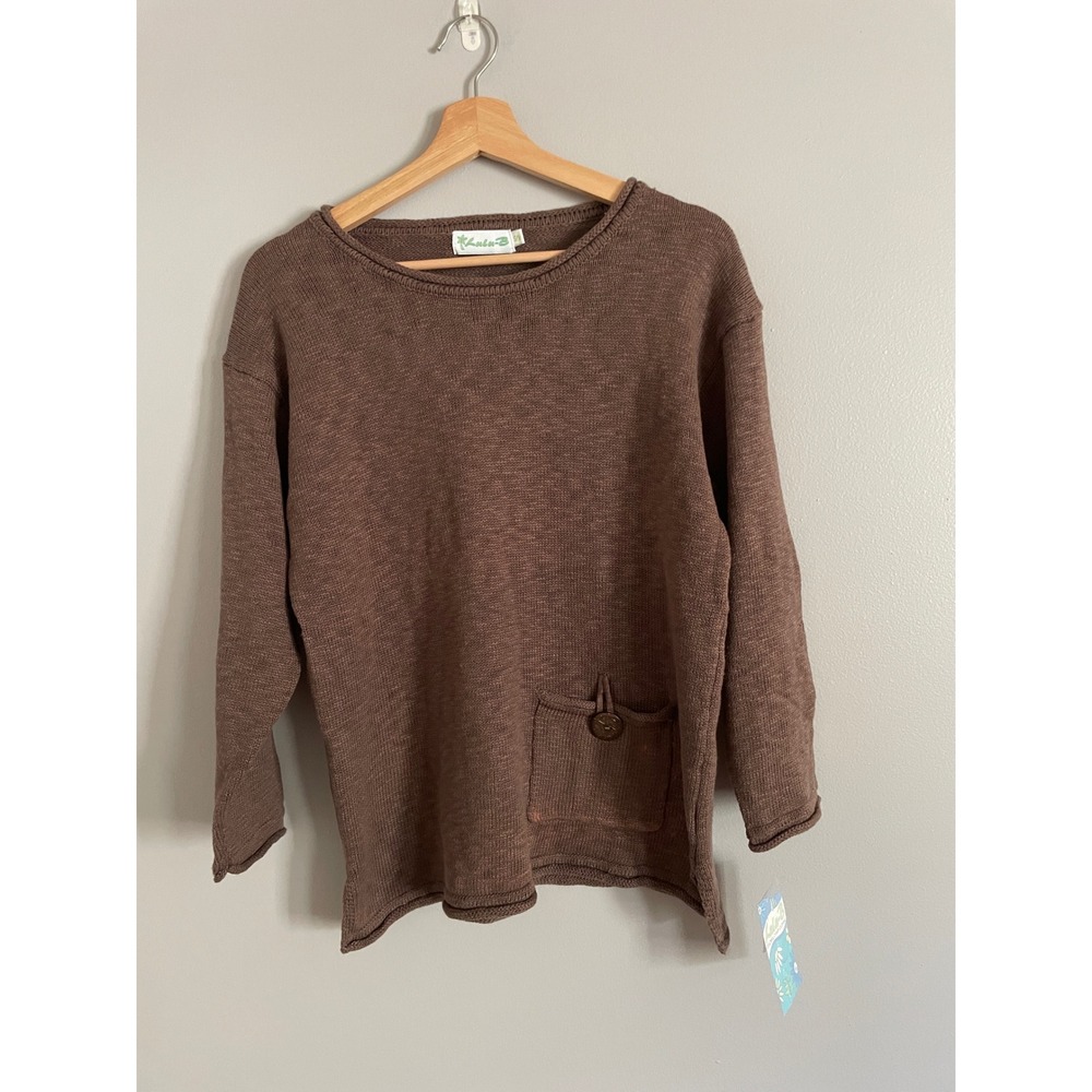 Lulu-B Knit Sweater Womens S/M Brown Cotton Pocket Pullover Coastal Boho